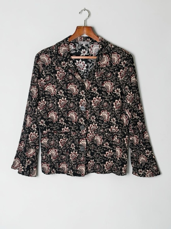 Habitat Jackets & Blazers - Habitat Floral Block Print Flounce Jacket M Black Crinkle Cotton Style 48745